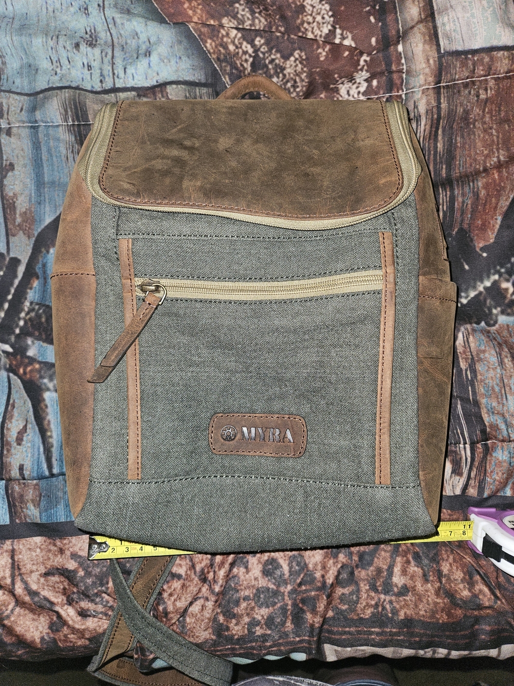 Myra Bag Olive Green Canvas Backpack with Brown Leather Trim